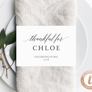 Thanksgiving Serviettenring Vorlage, druckbare Thanksgiving Tischkarten, dankbar für Tischkarten, bearbeitbare Vorlage, Friendsgiving, Templett