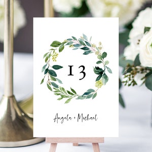 Greenery Wreath Wedding Table Number Template, Printable Wedding Table Numbers, Greenery Table Numbers Card Template, Templett, W28