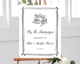 Pop The Champagne Bridal Shower Welcome Sign Template, Champagne Theme Bridal Shower Welcome Sign, Vintage, Instant Download, Templett