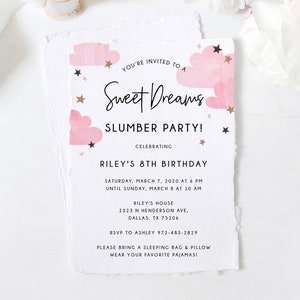 Modello di invito per pigiama party, invito di compleanno stampabile Sweet Dreams, invito a pigiama party a tema sogno, download istantaneo, Templett