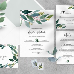 Greenery Wedding Invitation Template, Printable Wedding Invitation Set, Watercolor Greenery Wedding Invitation Digital File, Templett, W28B