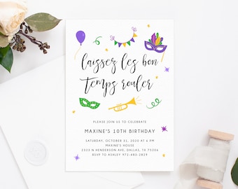 May include: A white invitation card with purple, green, and yellow Mardi Gras themed illustrations. The text reads "laissez les bon temps rouler" and includes details for Maxine's 10th birthday party.