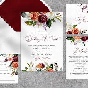 Boho Wedding Invitation Template, Printable Wedding Invitation Suite, Burgundy Wedding Invitation Set, Templett, W43