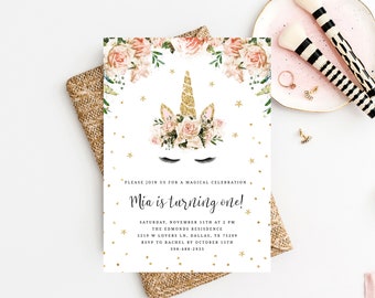 Unicorn Birthday Invitation Template, Printable Unicorn Themed Party Invitation, Gold and Pink Unicorn Invitation, Editable, Templett, B04
