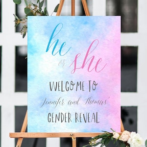Gender Reveal Welcome Sign Template, Printable Gender Reveal Sign, Watercolor He or She Welcome Sign, Templett