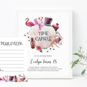 Alice In Onederland Tijdcapsule tekensjabloon, bewerkbare eerste verjaardag tijdcapsule met bijpassende kaarten, gastenboek, Templett
