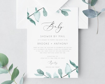 Baby Shower By Mail Template, Social Distancing, Eucalyptus Baby Shower Invitation, Long Distance Baby Shower Template, Templett, B21