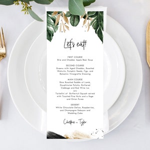 Tropisches Hochzeitsmenü Vorlage, druckbare Hochzeitsmenüs, Palmenblätter Hochzeitsmenü, sofortiger Download bearbeitbare Vorlage, Templett, W44