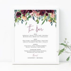 Panneau de menu de bar, panneau de bar de mariage, menu de bar de mariage imprimable, panneau de menu de boissons, panneau de boissons de mariage bourgogne, téléchargement immédiat, Templett, W32