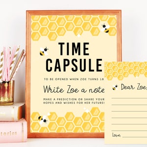 Bee Day Time Capsule teken sjabloon, afdrukbare Bee Day Time Capsule, bewerkbare eerste verjaardag tijdcapsule met bijpassende kaarten, Templett