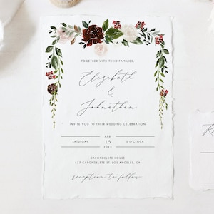 Boho Chic Hochzeitseinladung Vorlage, Hochzeitseinladung Set, Burgunderrote Hochzeitseinladung Set, Templett, W54