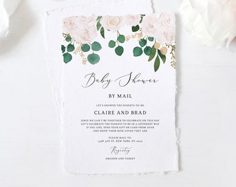 White and Greenery Baby Shower By Mail Template, Social Distancing Baby Shower Invitation, Long Distance Baby Shower Template, Templett, B42