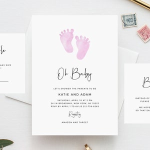 Babypartyeinladung Vorlage, Druckbare Minimalistische Babyparty, Rosa Babyfüße-Babypartyeinladung, Templett, B36