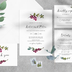 Winter Wedding Invitation Template, Printable Wedding Invitation Suite, Christmas Wedding Invitation Set, Burgundy Wedding, Templett, W53