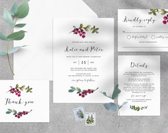 Winter Wedding Invitation Template, Printable Wedding Invitation Suite, Christmas Wedding Invitation Set, Burgundy Wedding, Templett, W53