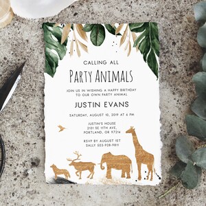 Feestdieren uitnodiging sjabloon, afdrukbare dieren thema verjaardag uitnodigen, dierentuin Safari dieren uitnodiging, Instant Download, Templett