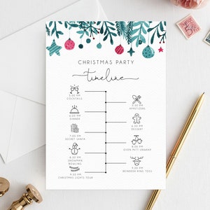 Può includere: Un programma di festa di Natale bianco con uno sfondo acquerellato verde e blu festivo. Il programma include attività come cocktail, cena, Babbo Natale segreto, bowling di pupazzo di neve, disimballaggio di guanti da forno e lancio di anelli di renna.