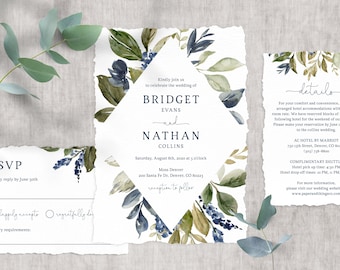 Navy & Greenery Wedding Invitation Template, Printable Wedding Invitation Suite, Wedding Invitation Set, Instant Download, Templett, W10