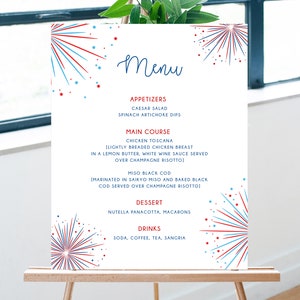 Plantilla de menú de revelación de género de petardo, menú de cumpleaños imprimible del 4 de julio, tarjeta de menú de baby shower del 4 de julio, descarga instantánea, Templett
