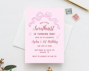 Valentine's Birthday Invite Template, Our Little Sweetheart Invitation, Baby Girl Birthday Day Party (Instant Download with Templett)