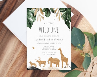 Plantilla de invitación Wild One, invitación de 1er cumpleaños de Wild One imprimible, primera fiesta de cumpleaños temática de animales, descarga instantánea, Templett