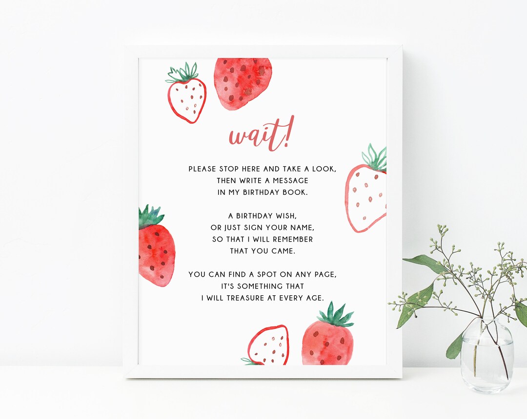Berry First Birthday Guestbook Sign, Strawberry Themed Book