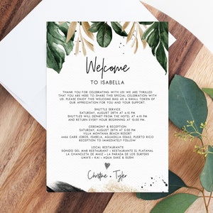 Modelo de carta de boas-vindas tropical, cartão de itinerário de casamento, carta de bolsa de boas-vindas, agenda de casamento, nota de boas-vindas do hotel para impressão, Templett, W44
