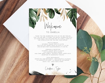 Tropical Welcome Letter Template, Wedding Itinerary Card, Welcome Bag Letter, Wedding Agenda, Printable Hotel Welcome Note, Templett, W44