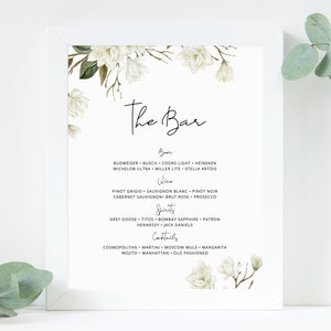 Placa de menu de bar Magnolia, placa de bar de casamento, menu de bar de casamento para impressão, placa de menu de bebidas, placa de bebidas, decoração de recepção, Templett, W35
