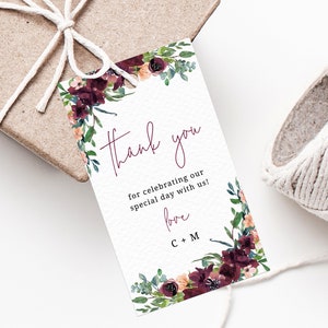 Modèle d'étiquette de cadeau de mariage Bourgogne, étiquette de remerciement, étiquette de cadeau de mariage, étiquettes cadeaux de mariage bohème, étiquette de cadeau florale imprimable, Templett, W32