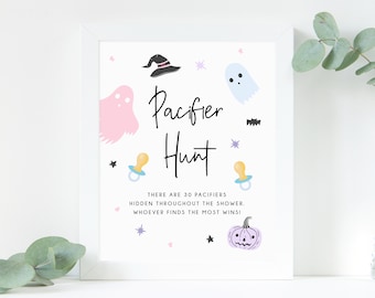 Pastel Halloween Baby Shower Pacifier Hunt Sign, Printable Halloween Baby Shower Games, Halloween Themed Game Sign, Templett, B24