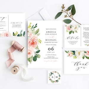 Wedding Invitation Template, Printable Wedding Invitation Suite, Blush Flowers Wedding Invitation Set, Floral Wedding, Templett, W29C image 5