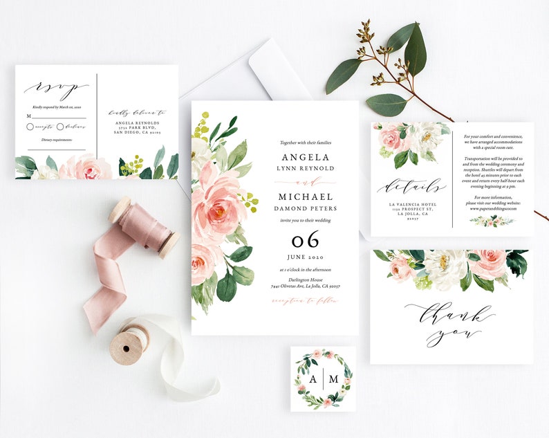 Wedding Invitation Template, Printable Wedding Invitation Suite, Blush Flowers Wedding Invitation Set, Floral Wedding, Templett, W29C image 5