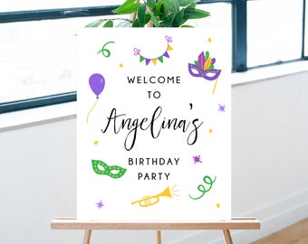 May include: Welcome to Angelina's Birthday Party sign with a purple balloon, green and gold masks, a trumpet, and confetti.