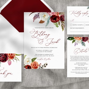 Boho Wedding Invitation Template, Printable Wedding Invitation Suite, Burgundy Wedding Invitation Set, Templett, W43