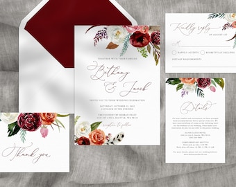 Boho Wedding Invitation Template, Printable Wedding Invitation Suite, Burgundy Wedding Invitation Set, Templett, W43