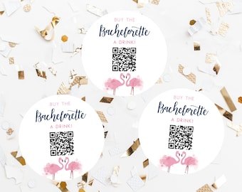 Achetez un verre à la mariée, modèle de code QR Venmo de célibataire, Bachelorette flamboyante, épingle de bouton, modèle d'étiquette modifiable, Templett