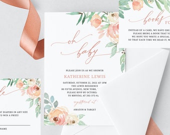 Könnte beinhalten: Eine Babyparty-Einladung mit einem Aquarell-Blumenmuster. Die Einladung ist für Katherine Lewis und findet am Samstag, den 22. Oktober 2022 um 13:00 Uhr statt. Die Einladung enthält die Adresse und RSVP-Informationen. Die Einladung bittet die Gäste auch, ein Buch anstelle einer Karte mitzubringen.