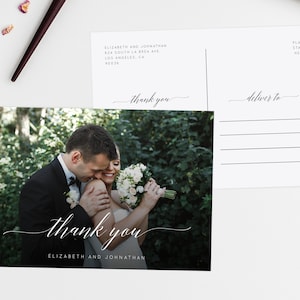 Modelo de cartão com foto de agradecimento, cartão postal de agradecimento para impressão, cartão de agradecimento de casamento, modelo editável de download instantâneo, Templett, W02