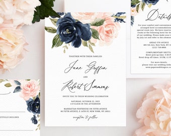 Navy & Blush Hochzeitseinladung Vorlage, Printable Hochzeitseinladung Set, Navy Hochzeitseinladung Set, Blumenhochzeit, Templett, W34