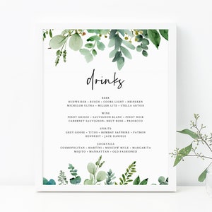 Greenery Bar Menü Zeichen, Botanischer Garten Hochzeit Bar Zeichen druckbar, Eukalyptus Getränkekarte, Getränke Zeichen, Empfang Dekor, Templett, W48