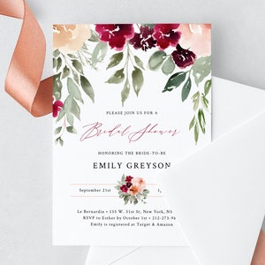 Burgundy Bridal Shower Invitation Template, Printable Bridal Shower Invite, Burgundy and Blush Floral Bridal Shower Invites, Templett, W45