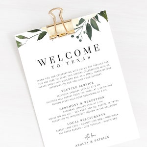 Welkomstbrief sjabloon, bruiloft routekaart, welkomsttas brief, trouwagenda, afdrukbare hotel welkomstbriefje, Templett, W19