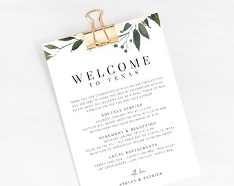 Welcome Letter Template, Wedding Itinerary Card, Welcome Bag Letter, Wedding Agenda, Printable Hotel Welcome Note, Templett, W19