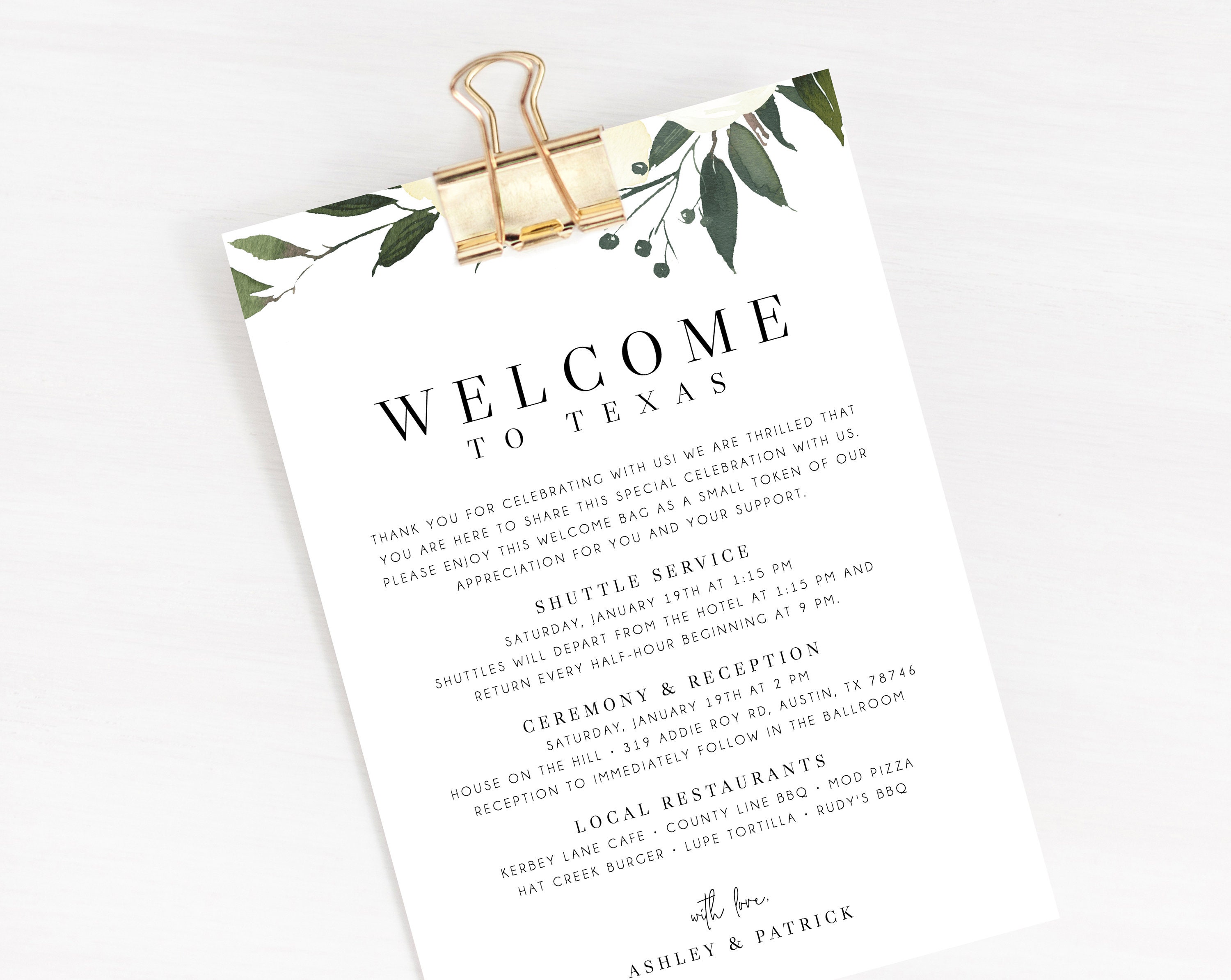 Card Wedding Welcome Sign Note Itinerary Back Bag Front Laurel Branch, Template, Designer Online