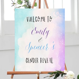 Blue or Purple Gender Reveal Welcome Sign Template, Printable Gender Reveal Sign, Watercolor He or She Welcome Sign, Templett