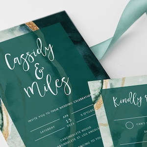 Forest Green & Gold Agate Wedding Invitation Template, Modern Wedding Invitation Suite, Teal Green Wedding Invitation Set, Templett, W57