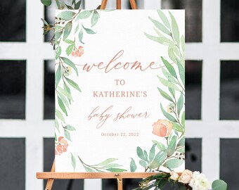 Plantilla de signo de bienvenida floral de melocotón, baby shower imprimible, signo de baby shower, signo de bienvenida de baby shower, Templett, B39