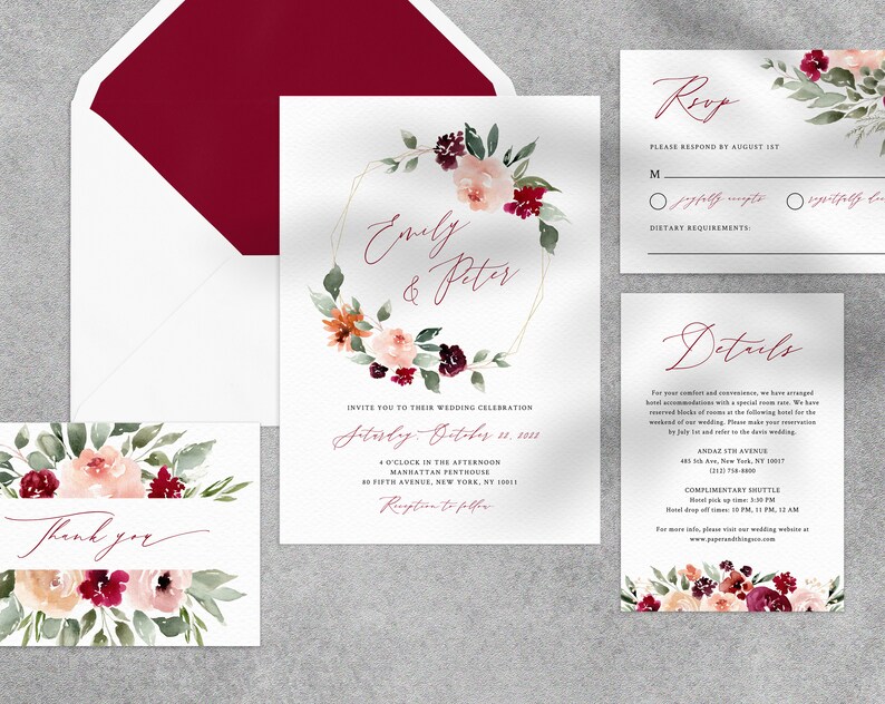 Burgundy Wedding Invitation Template Printable Wedding - Etsy