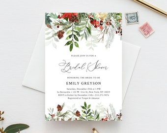 Puede incluir: Una tarjeta blanca con una ilustración de acuarela de vegetación invernal y bayas rojas. El texto dice "Por favor, únase a nosotros para una  Shower de Novia en honor a la futura novia Emily Greyson. Sábado, 25 de diciembre a la 1 PM Le Bernardin 155 W. 51st St, Nueva York, NY 10019 RSVP a Esther antes del 15 de diciembre 212-273-9876 Registrado en Target & Amazon"